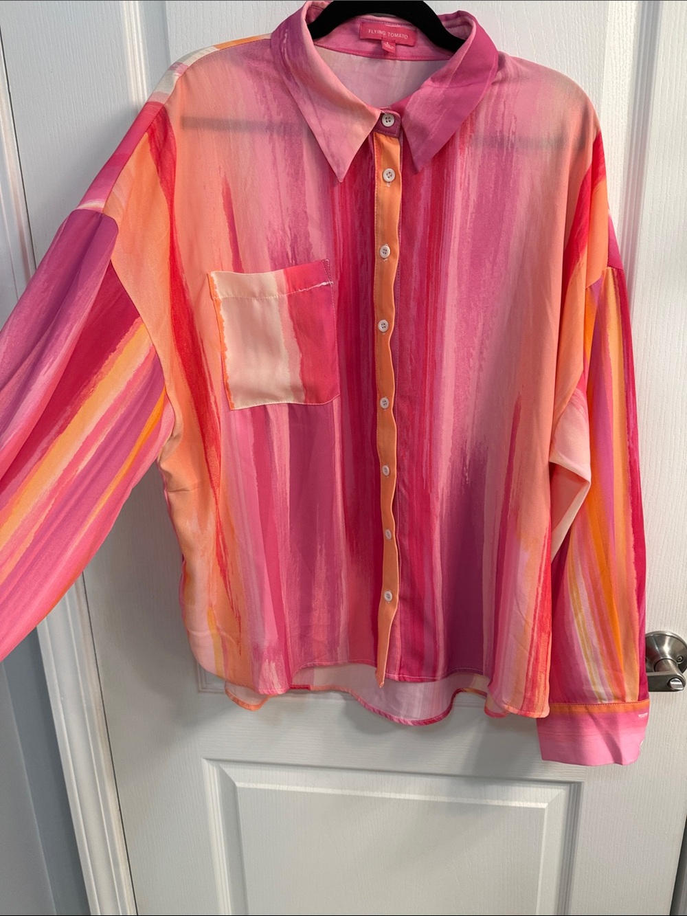 Flying Tomato Pink Orange Striped Button-Up Blouse -Dopamine - Oversized